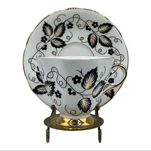 Vtg England Black & Gold Gilt Flower Leaf Scalloped Demitasse Tea Cup & Saucer